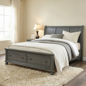 Bedroom with a gray wooden bed, white bedding, and a lamp on a nightstand.