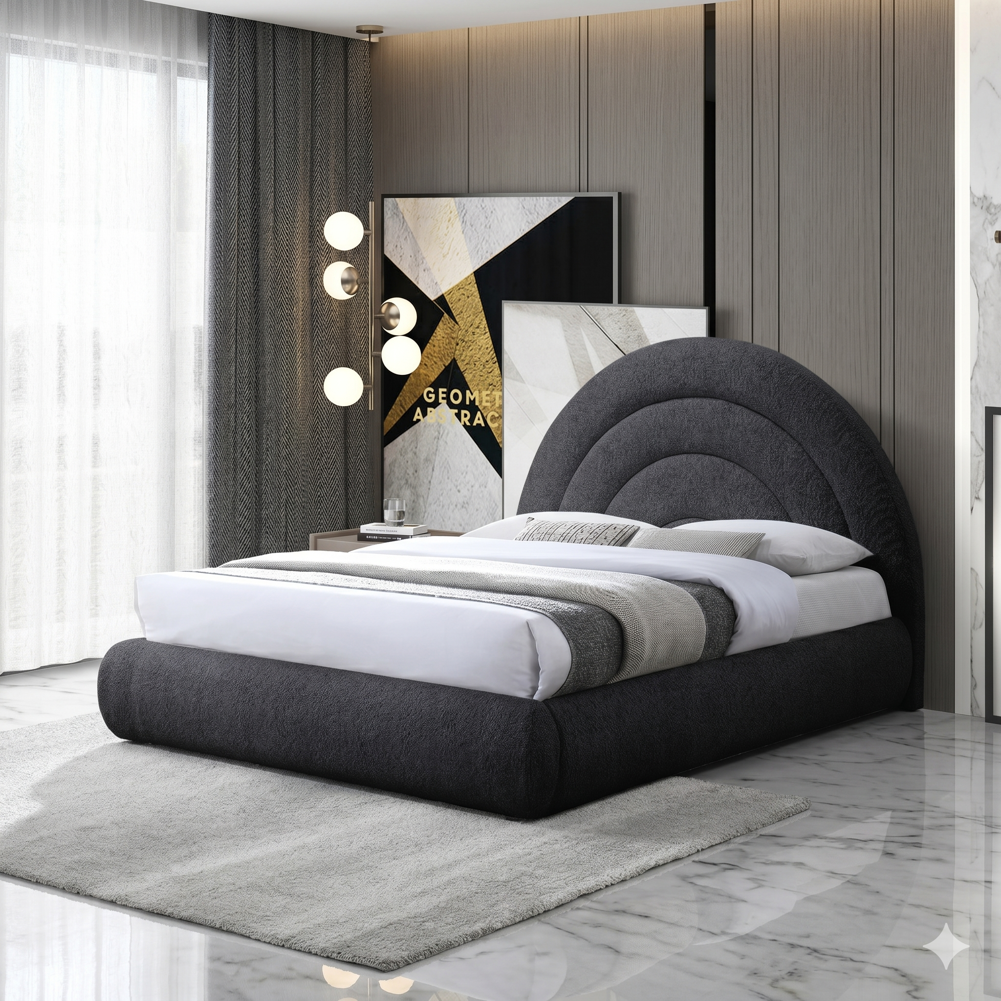 Modern bedroom with a large bed, decorative wall art, and stylish lighting.