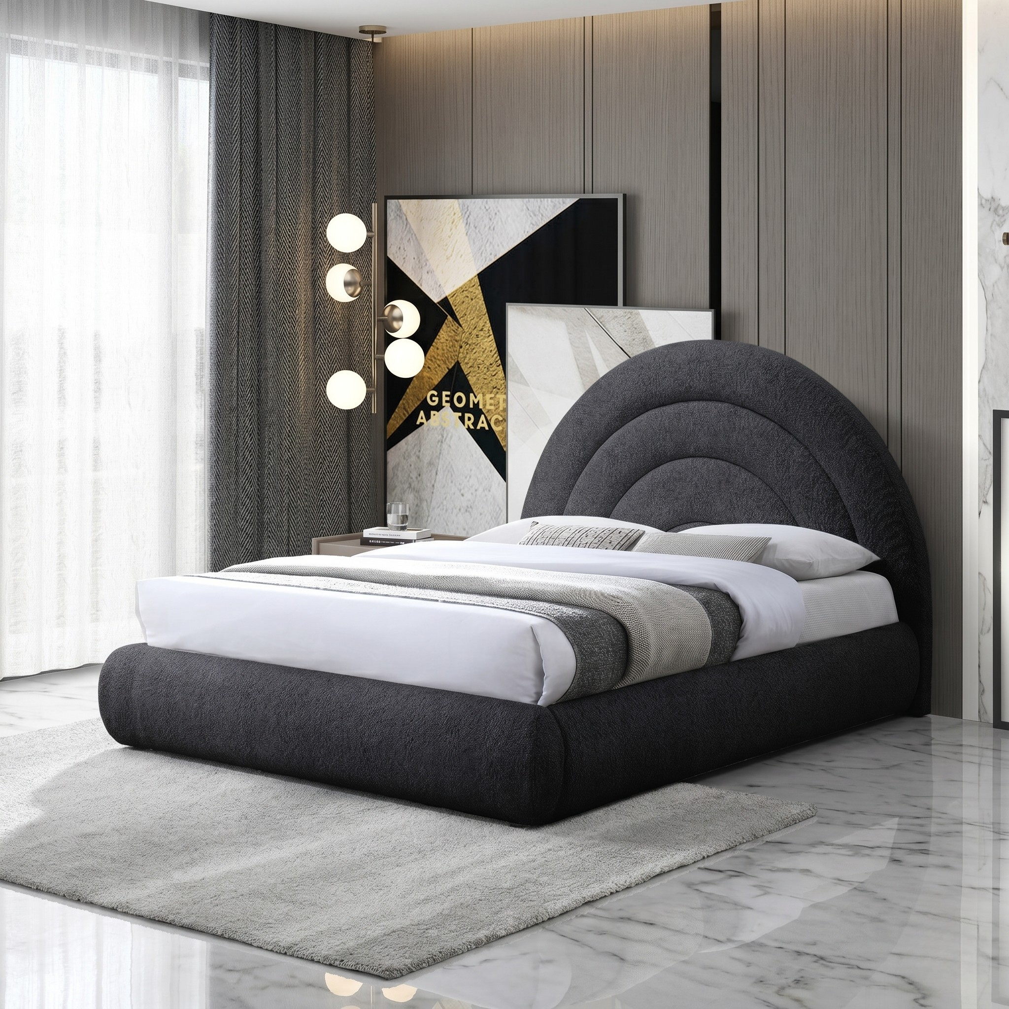 Modern bedroom with a large bed, decorative wall art, and stylish lighting.