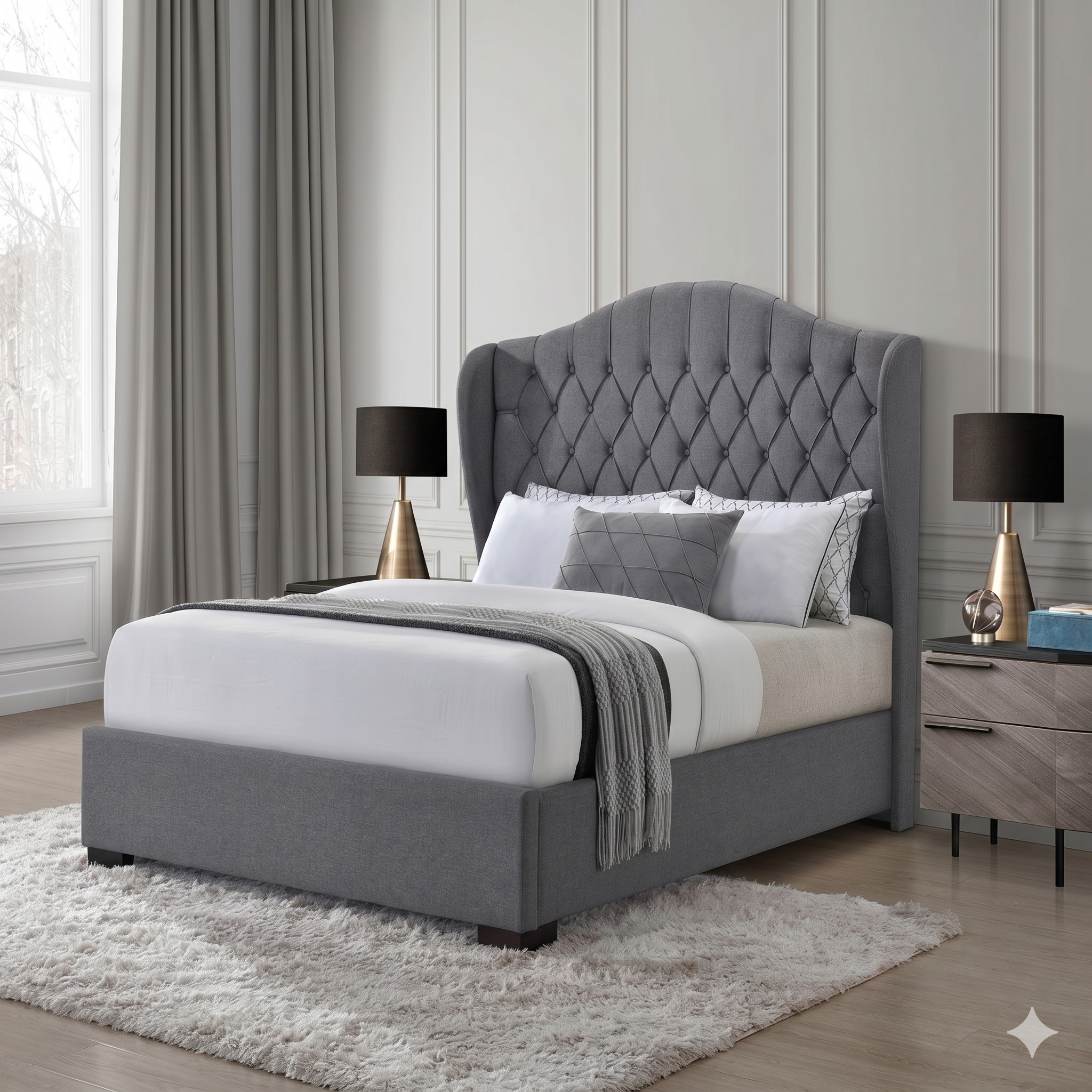 Gray upholstered bed with tufted headboard in a bedroom setting.