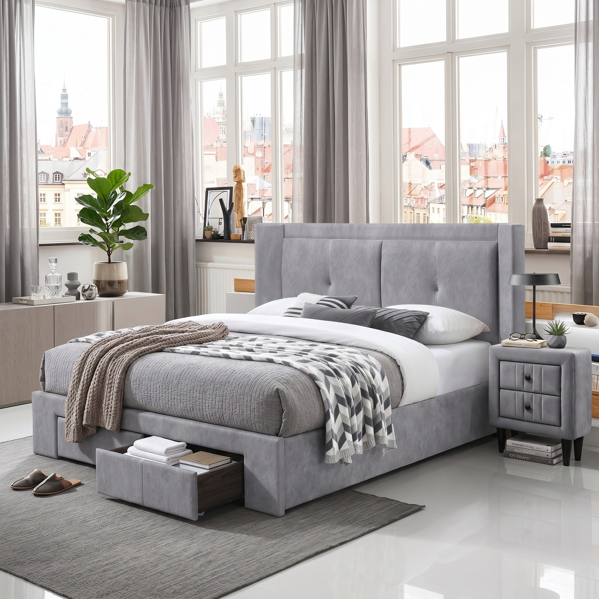Gray upholstered bed with storage drawers in a modern bedroom setting.