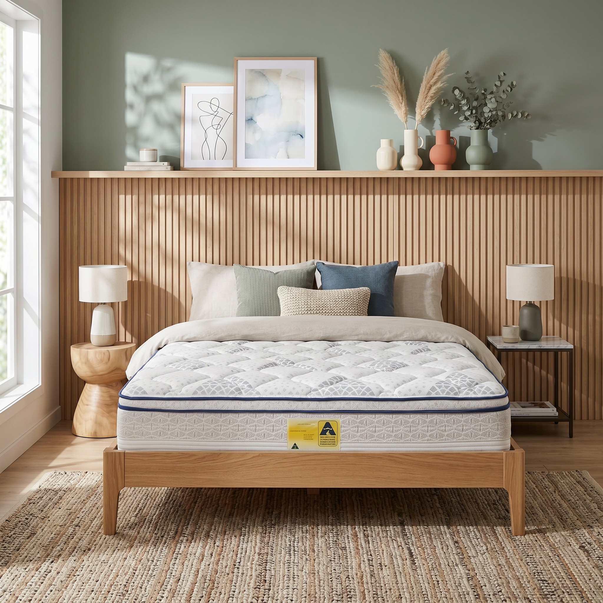 Mattress on a wooden bed frame in a bedroom with decor elements.