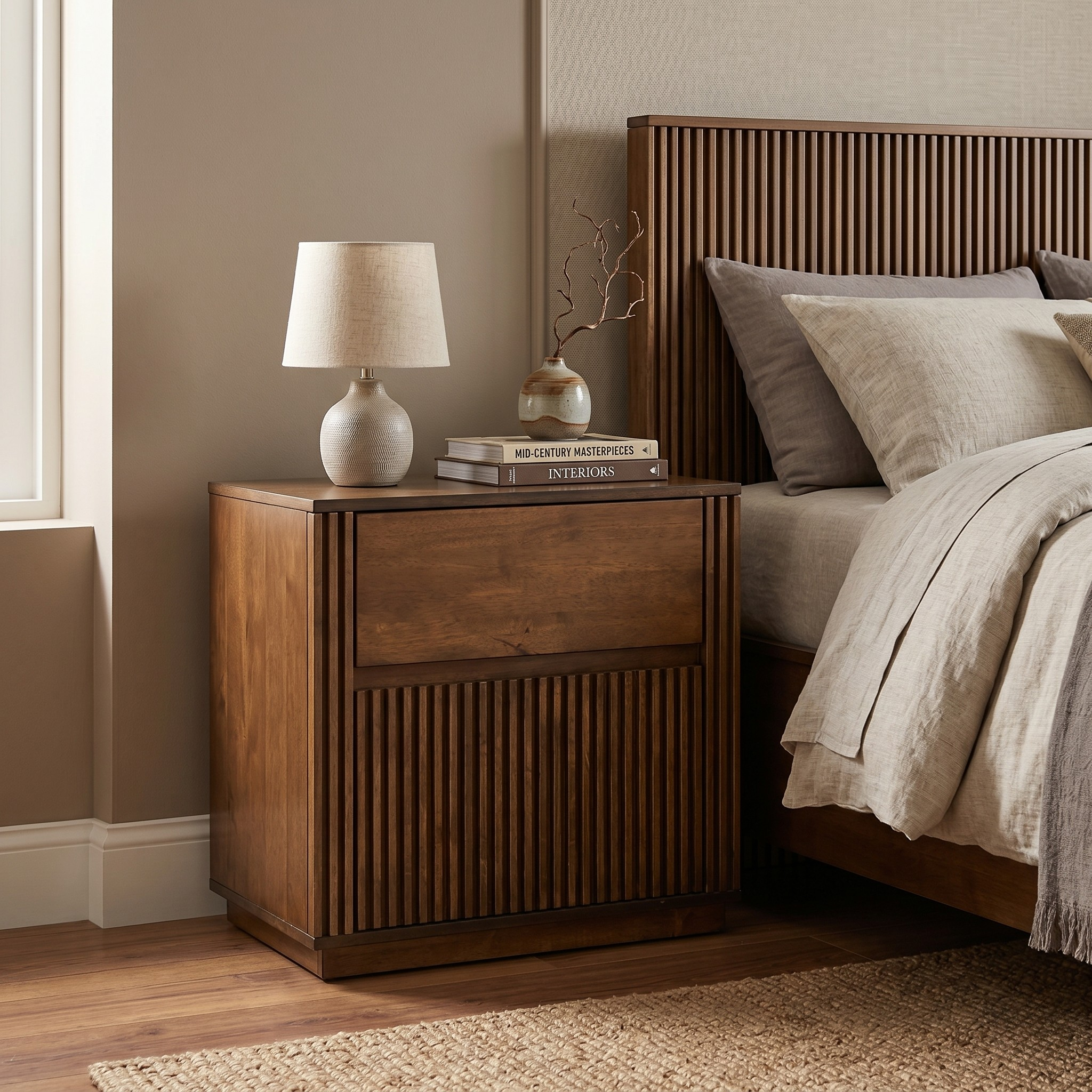 Wooden nightstand with lamp and books next to a bed with pillows and blanket.
