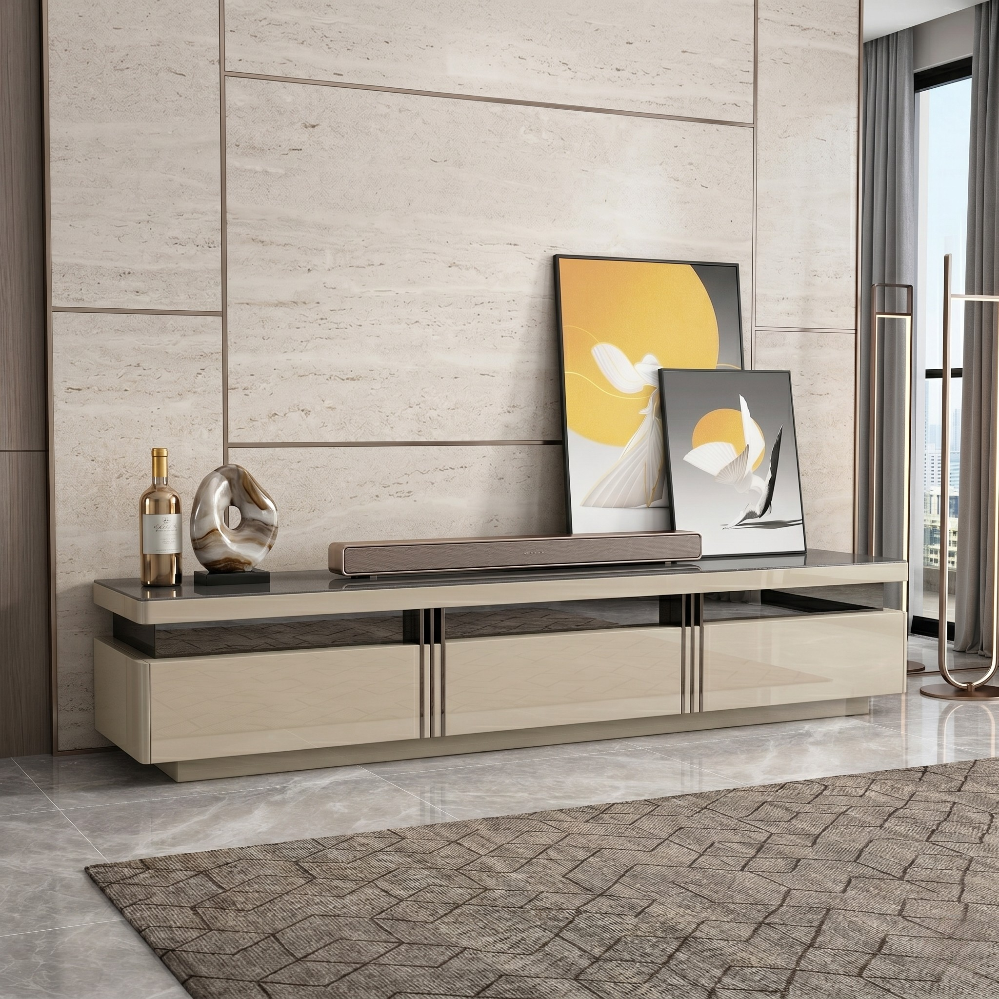 Modern TV stand with decorative items against a neutral wall.