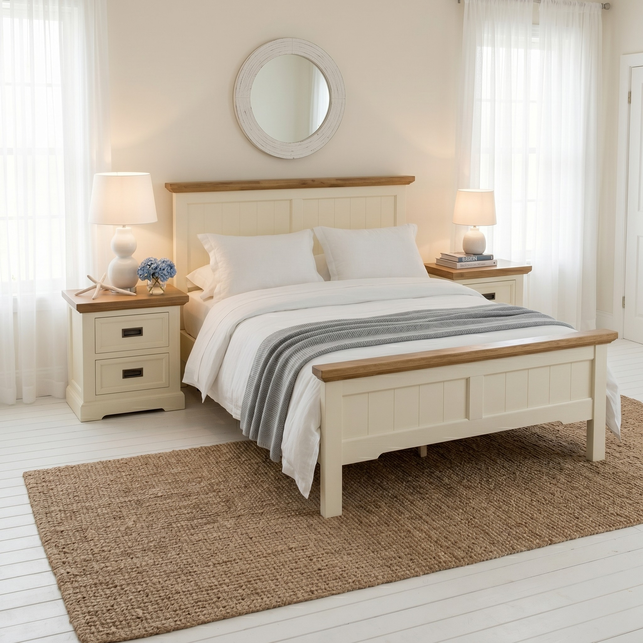 Bedroom with wooden bed and matching nightstands, white bedding, and decorative elements.