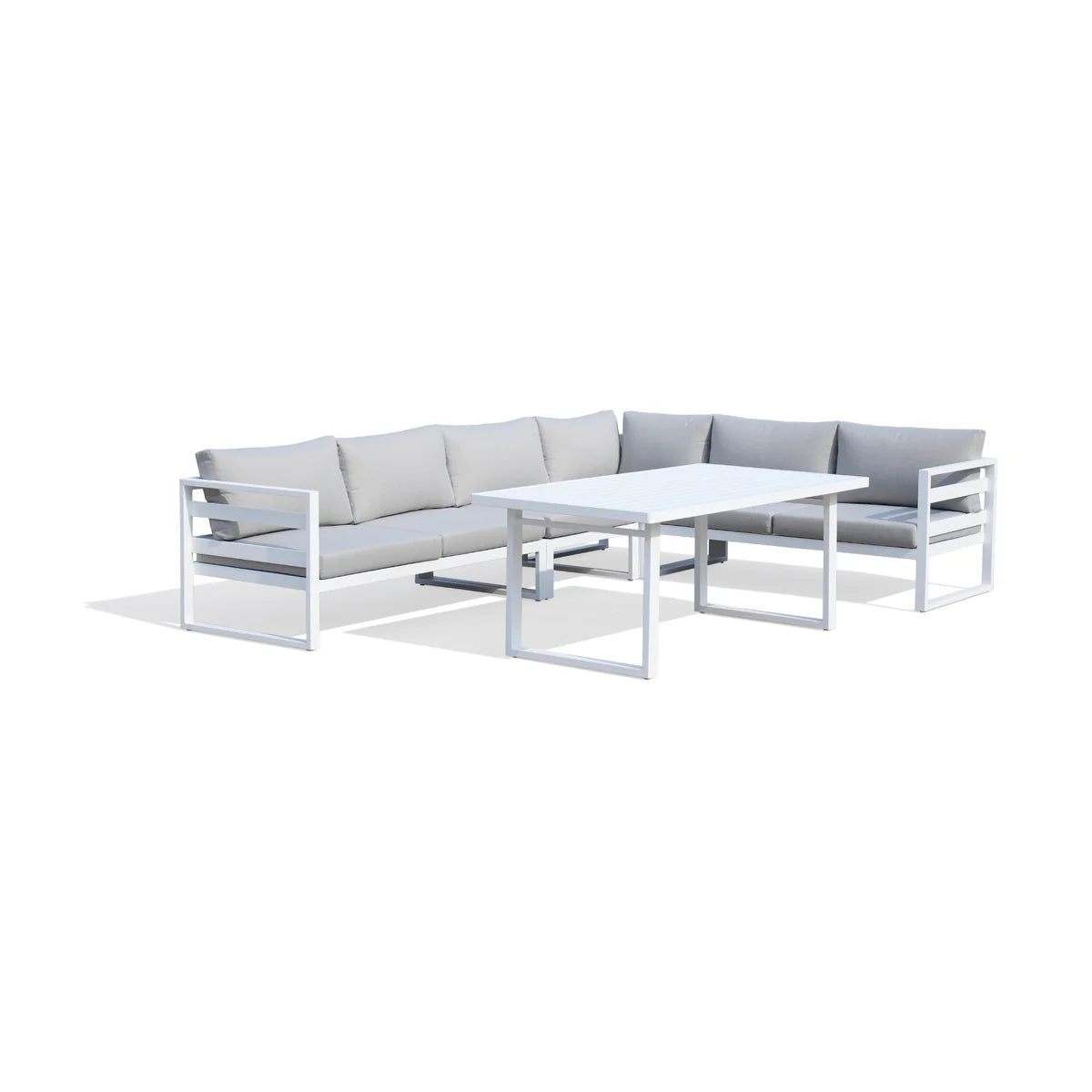 Outdoor furniture set with a sectional sofa and table on a white background