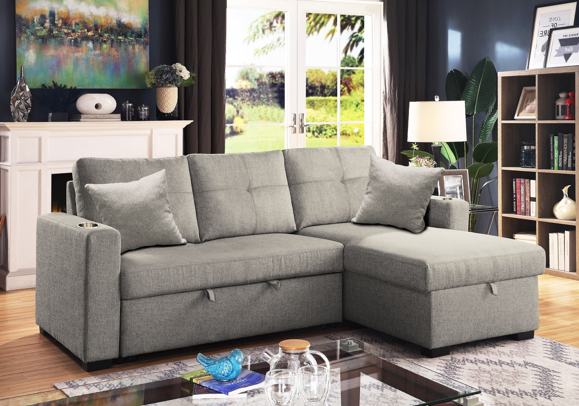  Samson 3-seater fabric sofa bed with chaise lounge in a living room setting.