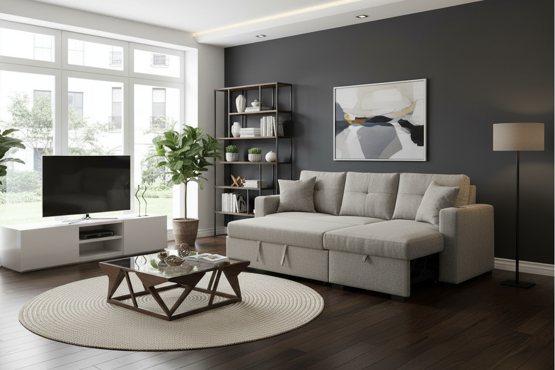 Modern living room with gray sofa, coffee table, and bookshelf.