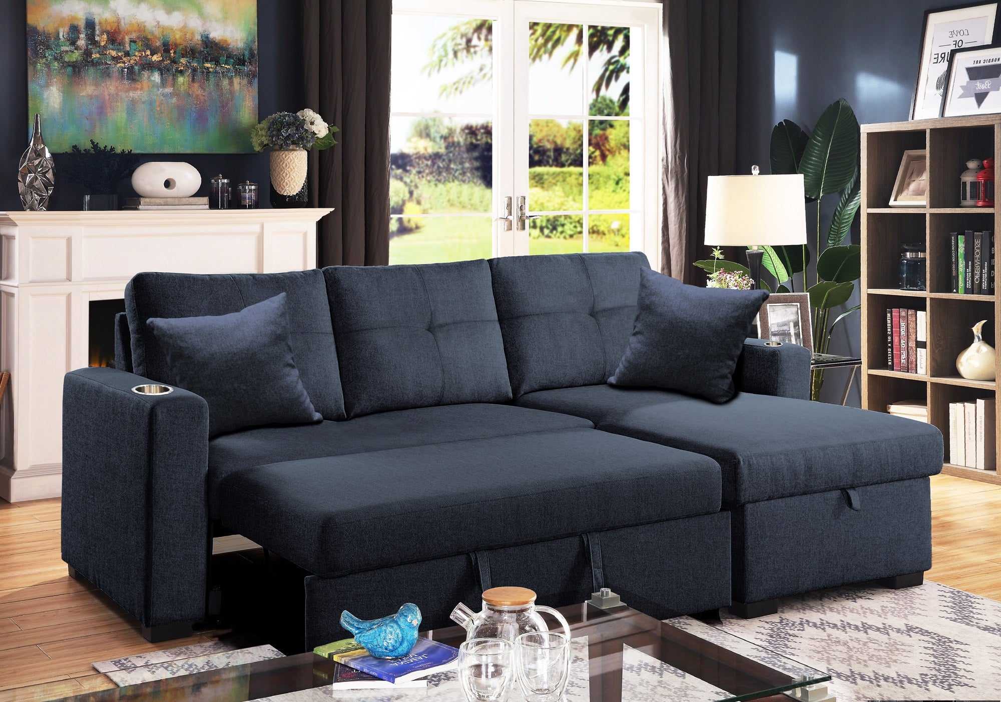  Samson 3-seater fabric sofa bed with chaise lounge in a living room setting.