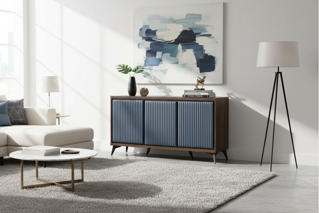 Modern living room with a sofa, coffee table, and decorative items.