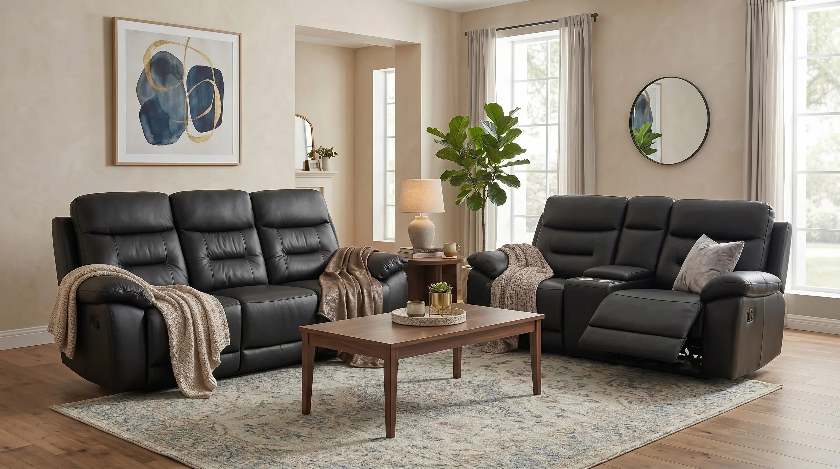 Lemington 3+2 Black Leather Recliner Package