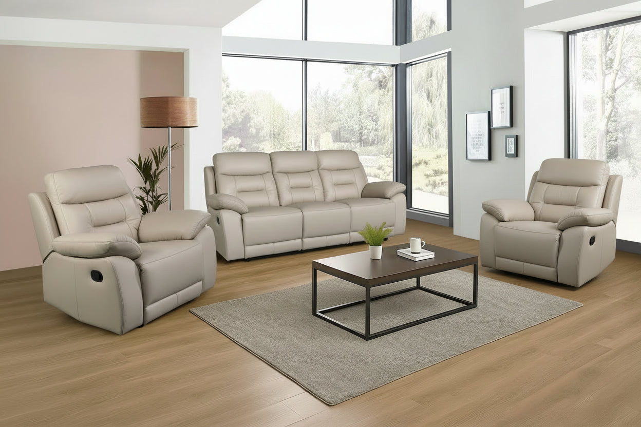 Beige recliner sofa set in a modern living room with large windows.