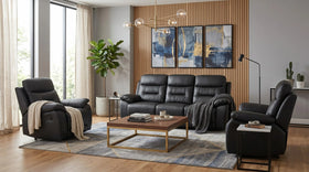 Lemington black leather 3+1+1 recliner package with three-seater sofa and two armchairs around a timber coffee table beside blue and gold wall art - The A2Z Furniture