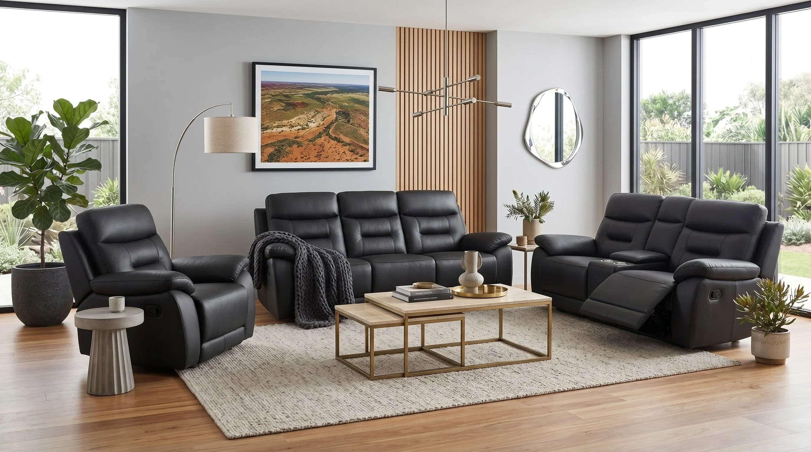 Lemington 3+2+1 Black Leather Recliner Package