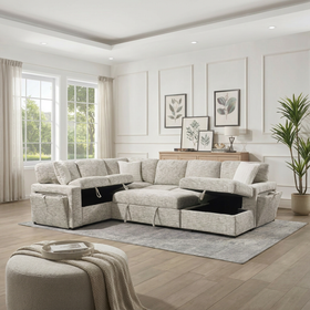 Sherwood beige sofa bed with the pull-out bed extended and storage open