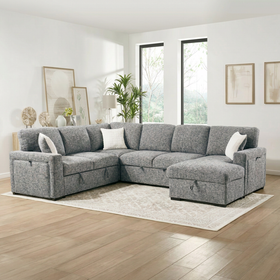 Sherwood U-shaped sofa bed in navy fabric styled in a living room