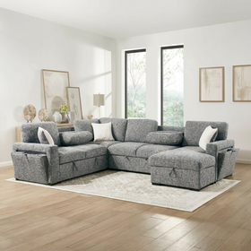 Sherwood navy sofa bed showing storage compartments and side pockets