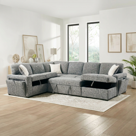 Sherwood navy sofa bed with the pull-out bed extended and storage open