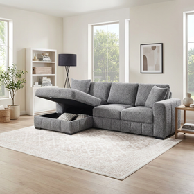Seaford grey sofa bed with the storage chaise lifted open