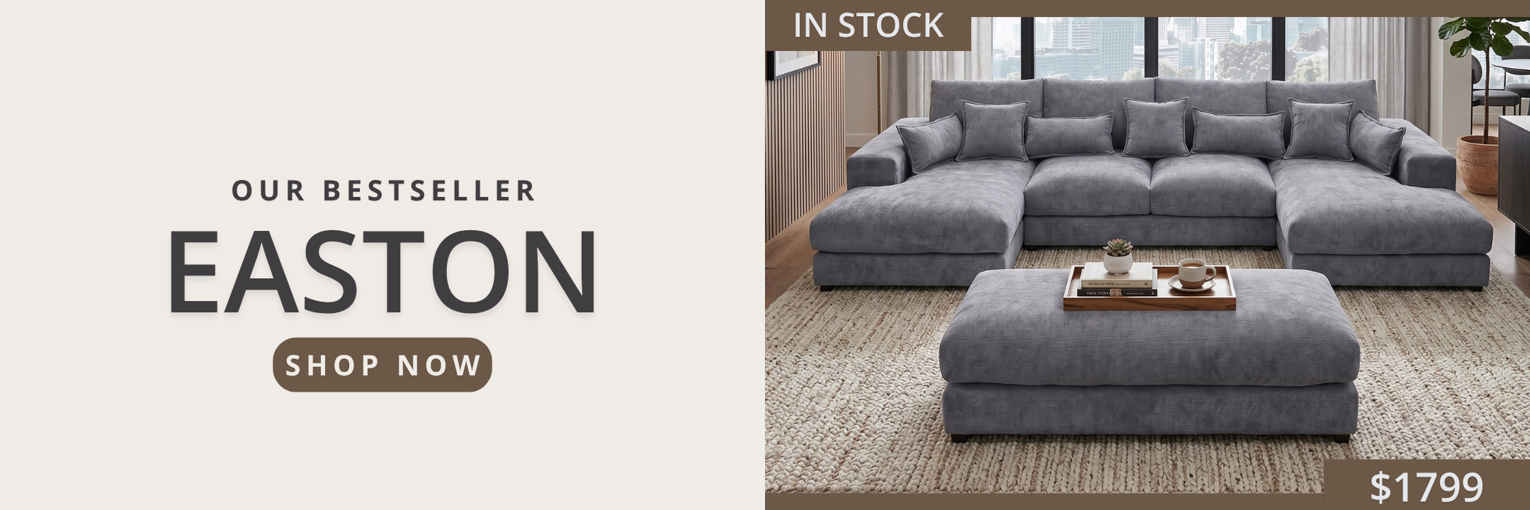 Gray sectional sofa with 'Easton' branding and price on a light background