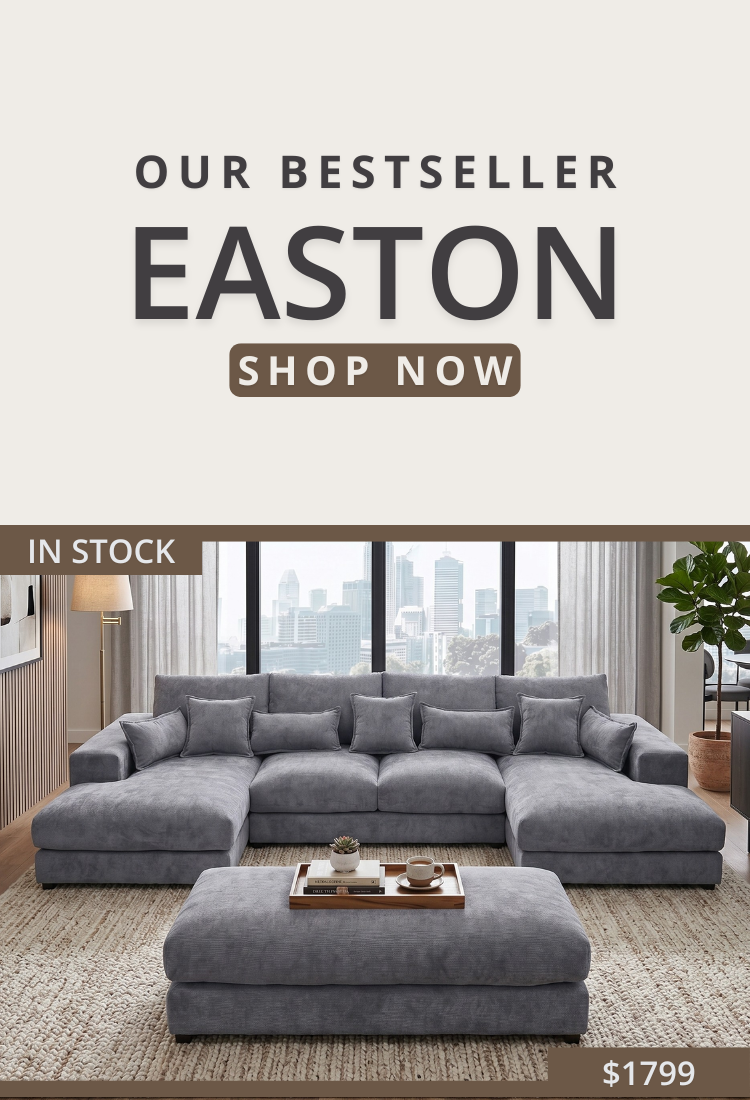 Gray sectional sofa with a cityscape view, promotional text for 'Our Bestseller Easton'.