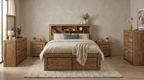 Joyner 5 Piece Bedroom Suite styled in a modern-rustic bedroom, showing the bed, both bedside tables, tallboy and dresser with mirror together