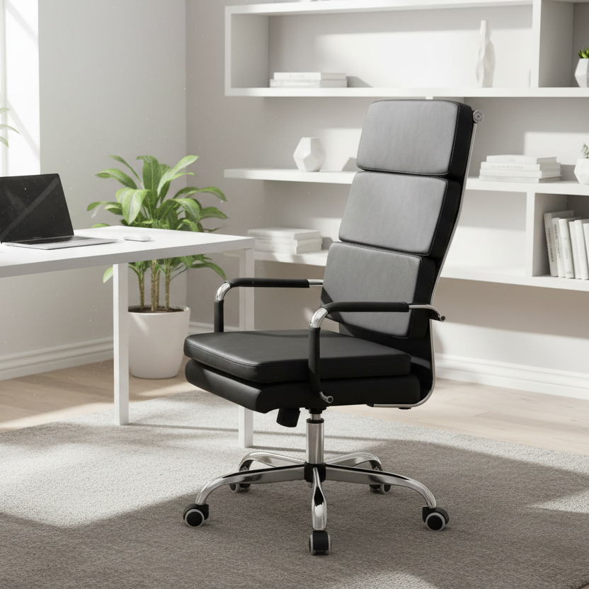 Modern office setup with a desk, chair, and decorative plants.