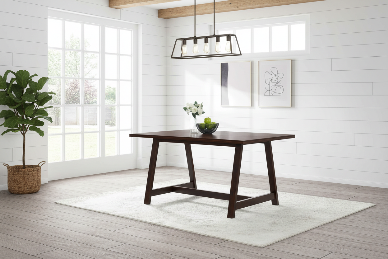 Wooden dining table in a bright room with white walls and wooden floor.