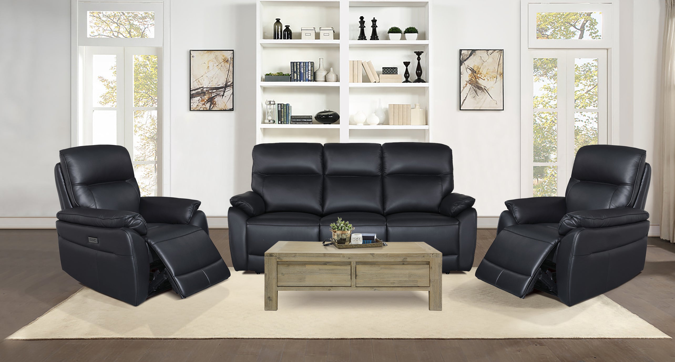 Swan Black Leather Recliner 3+1+1 Set - Genuine Leather Comfort and Style