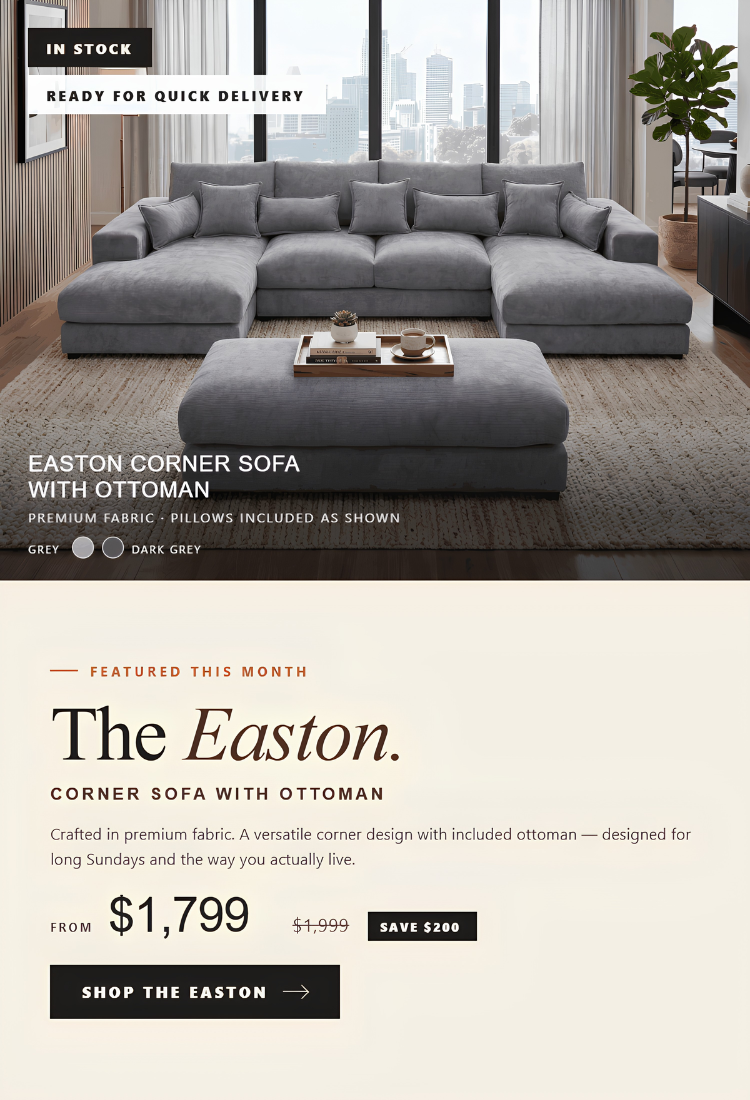 Gray corner sofa with ottoman in a living room setting, featuring 'The Easton' sofa.