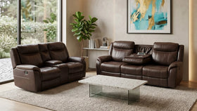 Modern living room with brown leather sofas, a coffee table, and abstract art on the wall.