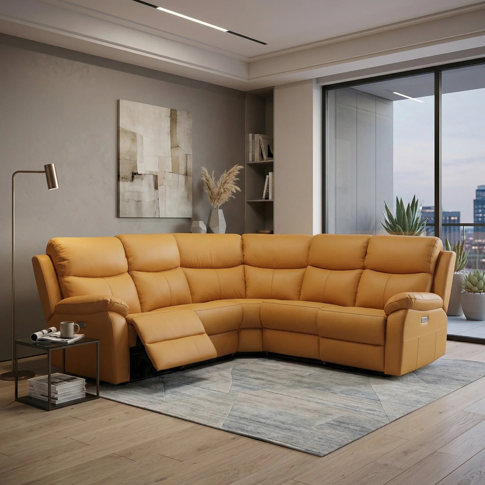 Modern living room with a orange sectional sofa, floor lamp, and cityscape view.