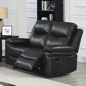 Black leather two-seater recliner sofa with padded seats in modern living room setting