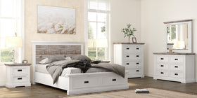 Modern white bedroom set with rustic wood accents, bed, dresser, and nightstands in bright room