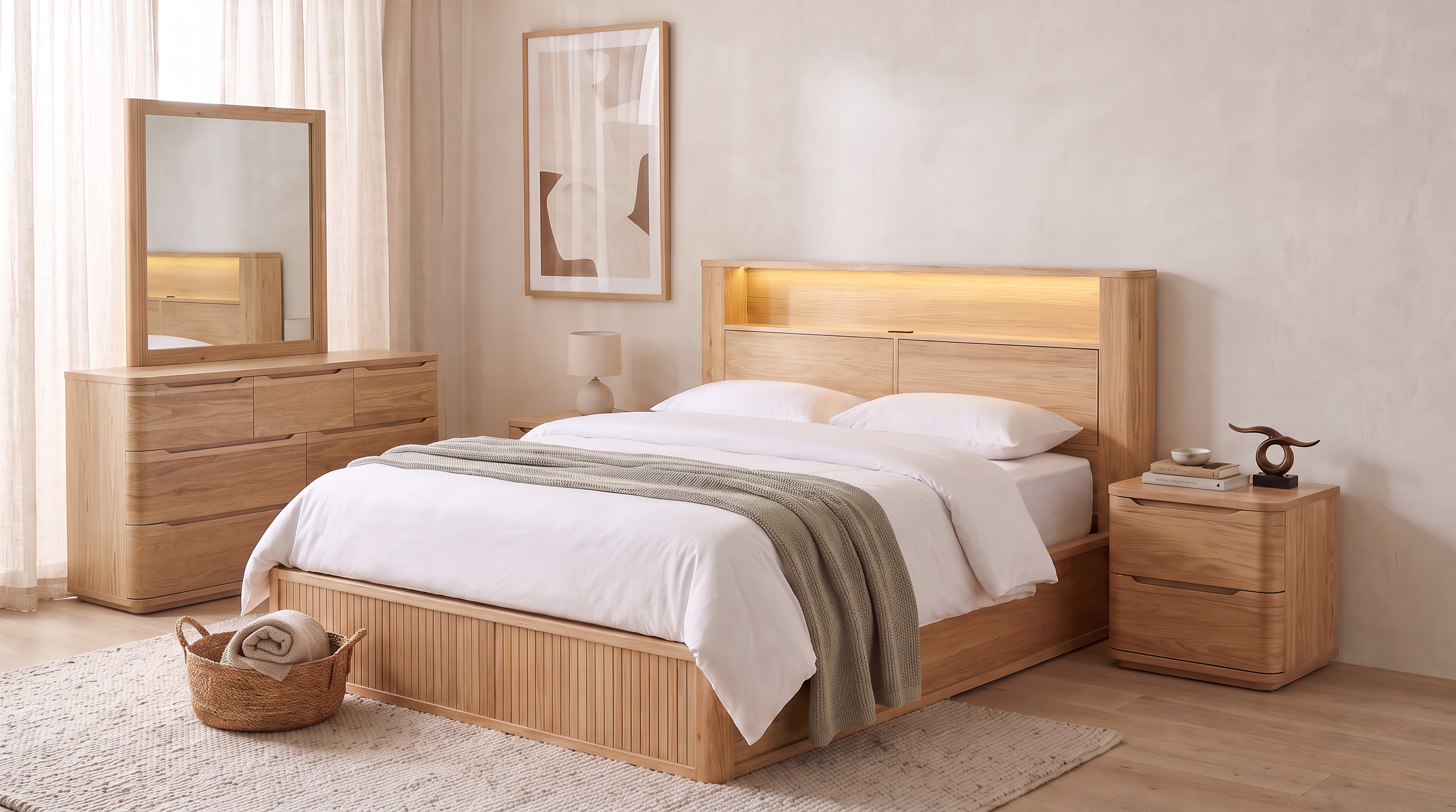 Canberra 4 Piece Dresser Bedroom Suite in pale eucalyptus - LED-lit bookshelf gas lift bed frame, two matching bedside tables and a seven-drawer dresser with its framed mirror in a warm neutral bedroom - The A2Z Furniture