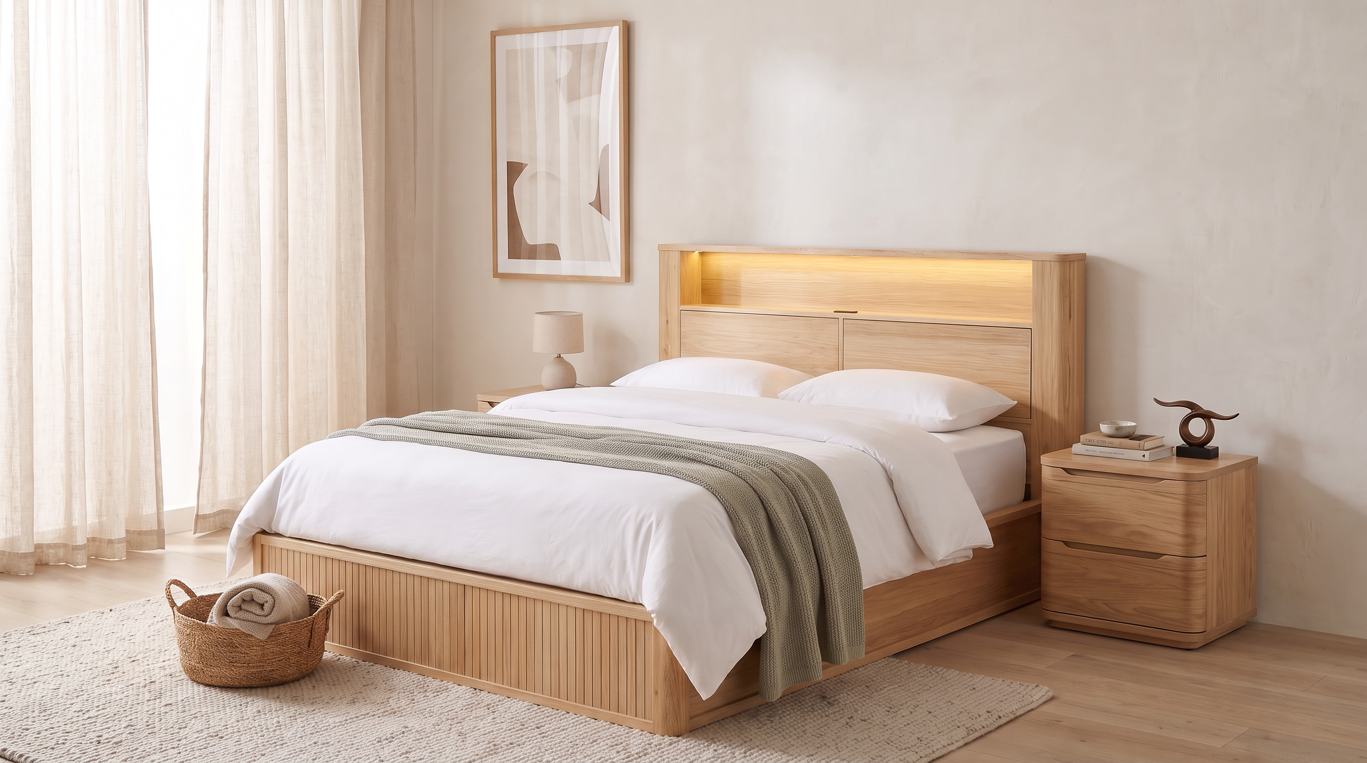Canberra 3 Piece Bedroom Suite in pale eucalyptus - LED-lit bookshelf gas lift bed frame with fluted base, flanked by two matching two-drawer bedside tables in a warm neutral bedroom - The A2Z Furniture