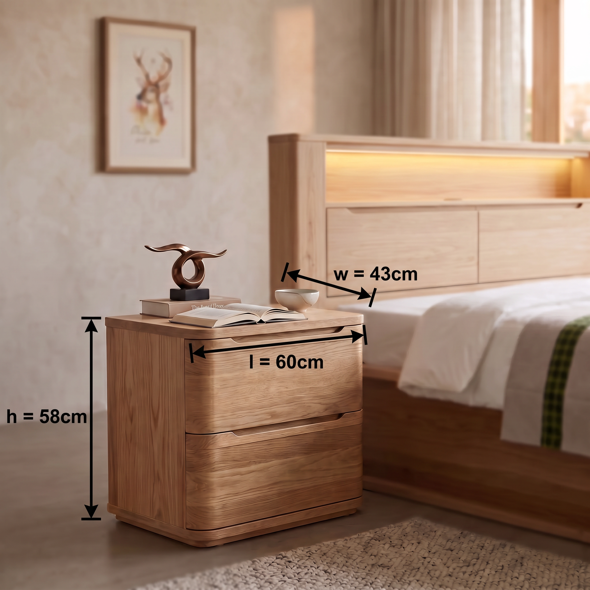 Canberra bedside table dimension diagram - length 60 cm, width 43 cm, height 58 cm - The A2Z Furniture