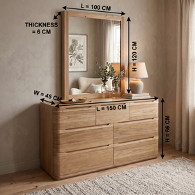 Canberra dresser with mirror dimension diagram - dresser 150 x 45 x 86 cm, mirror 100 x 120 cm with 6 cm frame depth - The A2Z Furniture