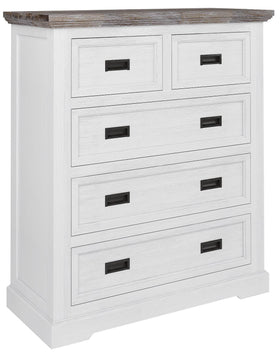 A Tasman Tallboy with a white base and brown top, featuring multiple drawers with metal handles.