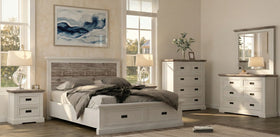 Tasman 5 piece two-tone bedroom suite with a white storage bed, two bedside tables, a tallboy and a dresser with mirror in a styled bedroom - The A2Z Furniture