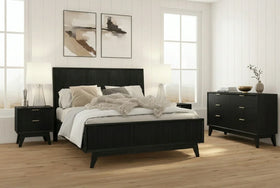 Tennyson black fluted bedroom suite with a panel bed, two bedside tables and a wide dresser in a bright airy bedroom - The A2Z Furniture