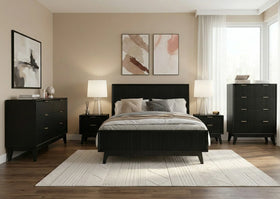 Tennyson 5 piece black fluted bedroom suite with a panel bed, two bedside tables, a dresser and a tallboy in a warm neutral bedroom - The A2Z Furniture