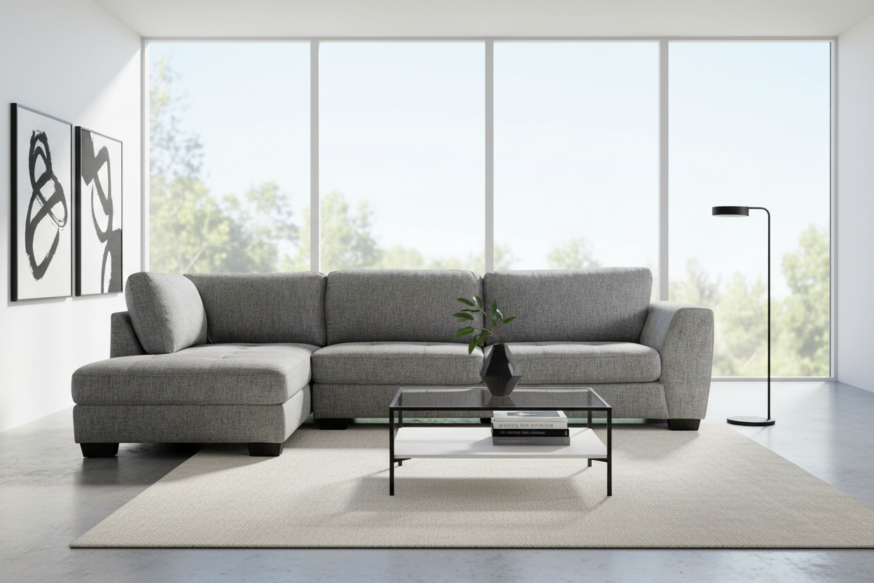 Gray sectional sofa in a modern living room with large windows.