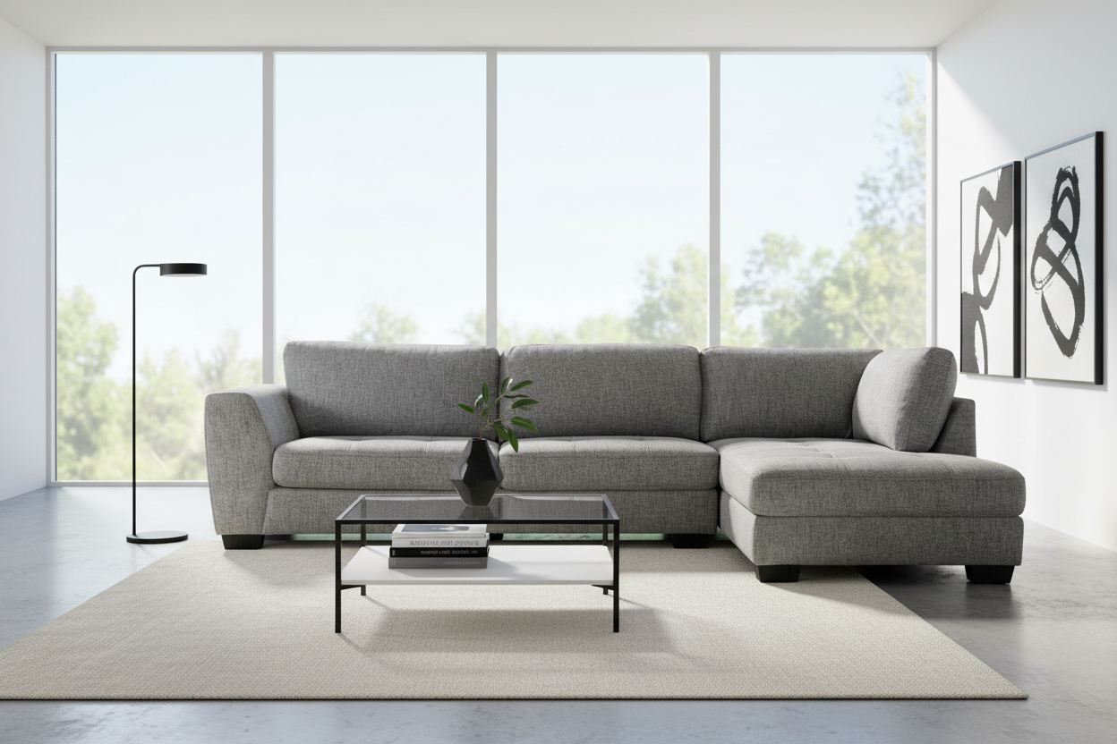 Gray sectional sofa in a modern living room with large windows.