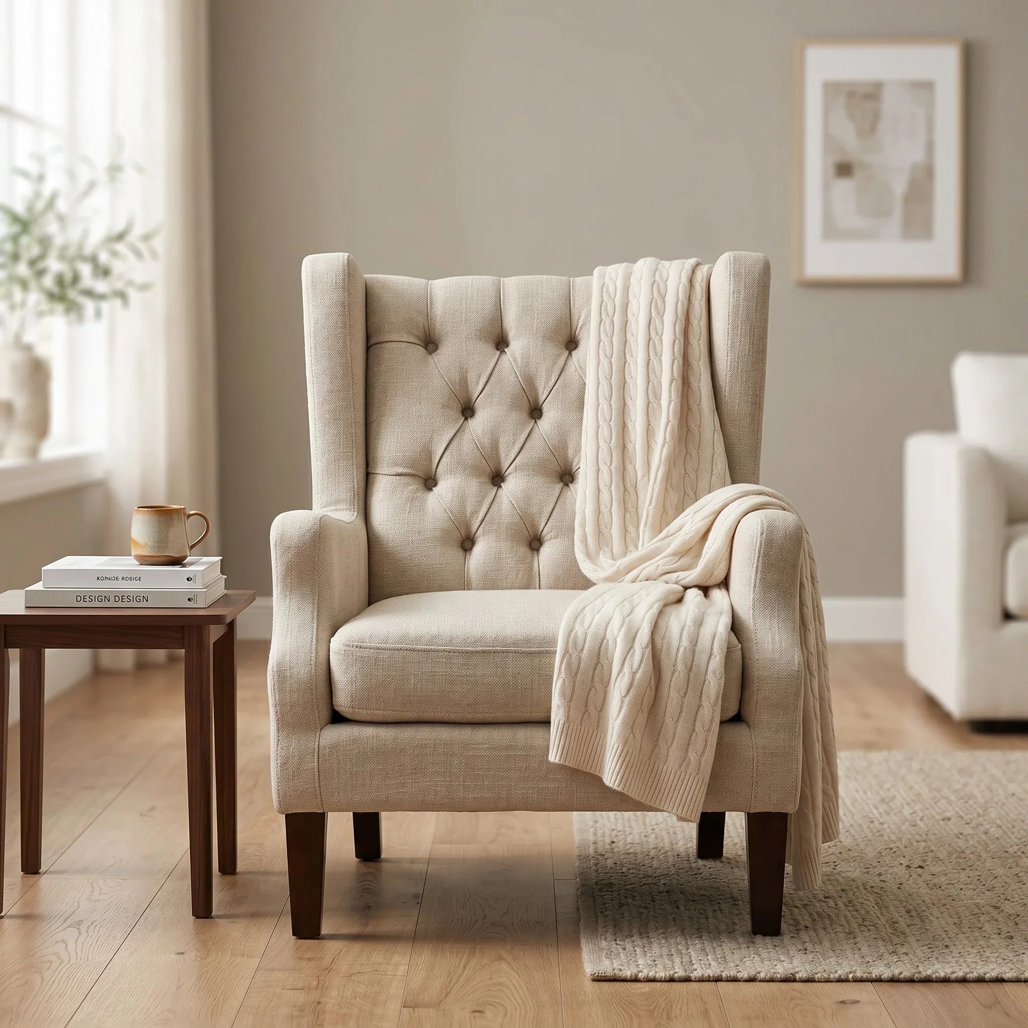 Maxwell Tufted Arm Chair in beige fabric with button-tufted backrest and dark wooden legs, styled with a cream knitted throw in a cozy living room setting.