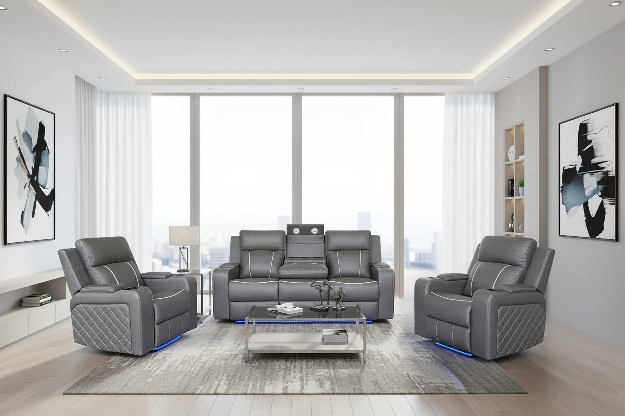Gray fabric sofa set in a modern living room with large windows.