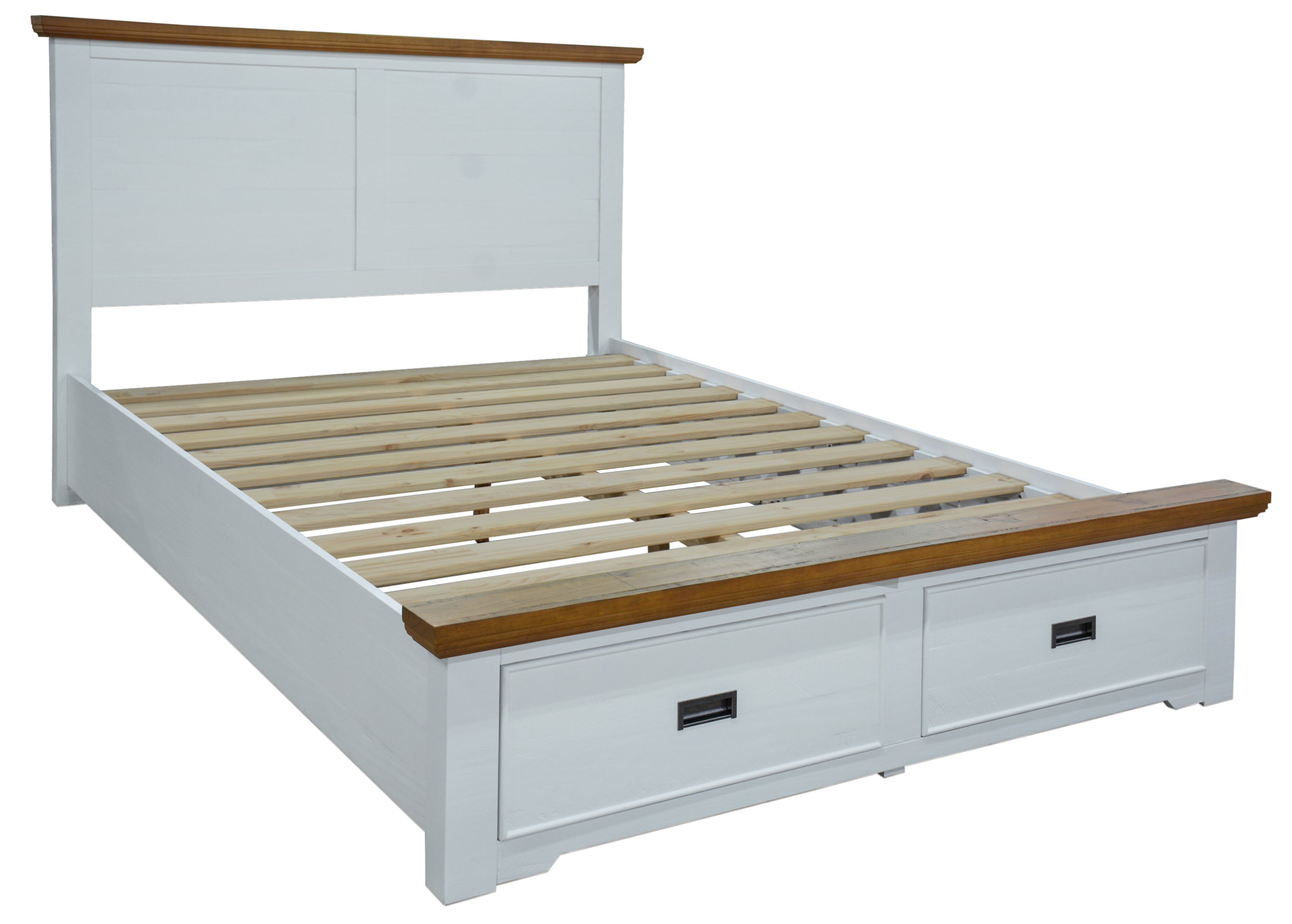 White bed frame with wooden accents and storage drawers on a white background