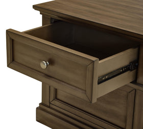 Wooden bedside table with open drawer and metal knob, classic bedroom furniture