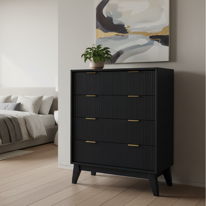 Modern bedroom with a black dresser, bed, and abstract art on the wall.