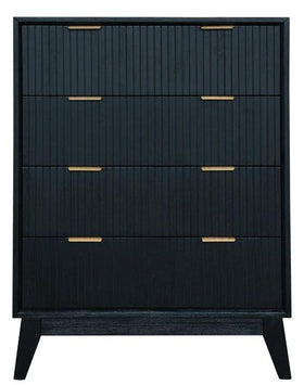 Black wooden chest of drawers with gold handles, modern ribbed texture, bedroom furniture